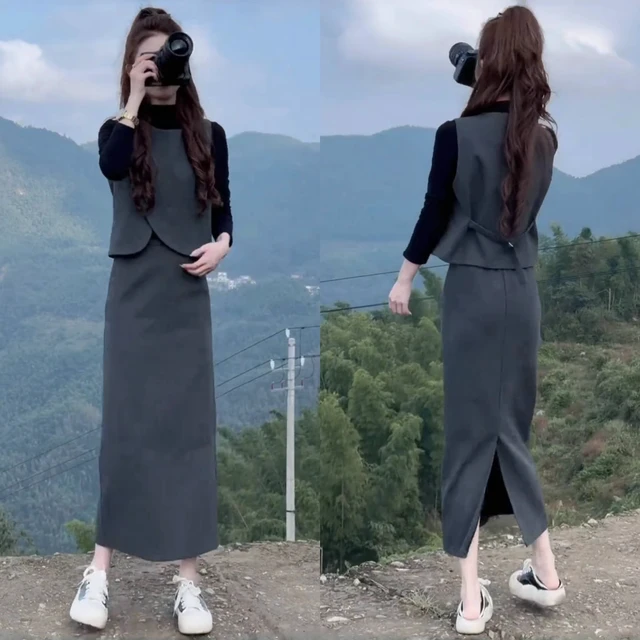 小香风时尚职业套装女秋冬新款高级感名媛马甲打底衫半身裙三件套