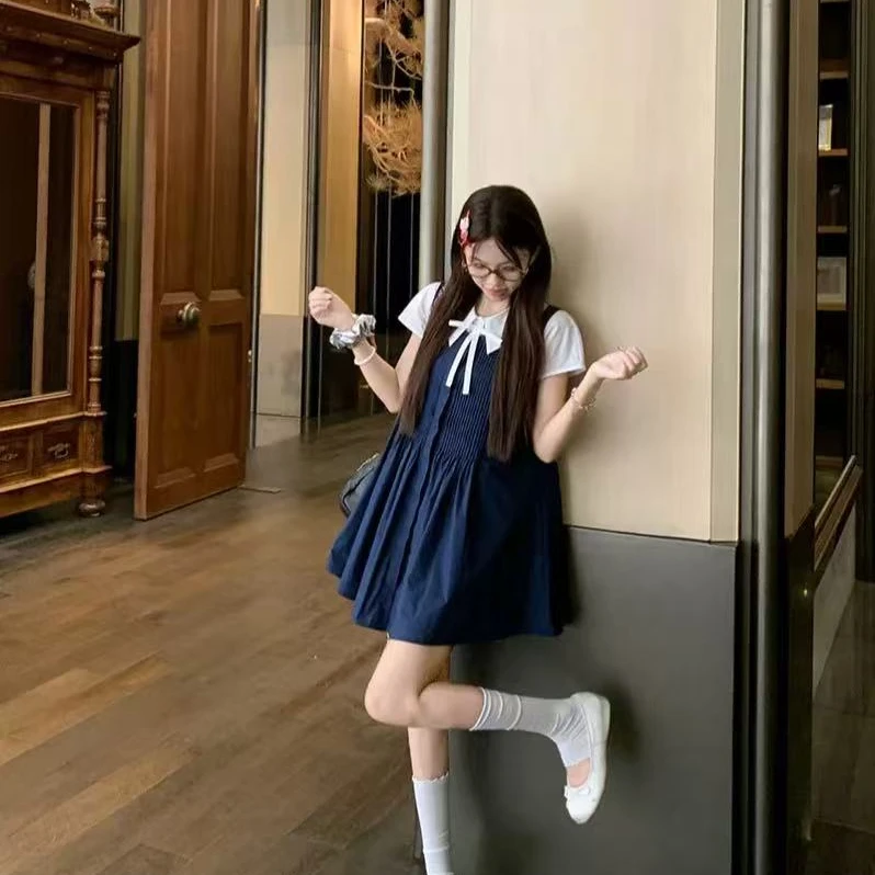 FRVXO学院风甜美连衣裙女夏季宽松减龄衬衫加连衣裙假两件