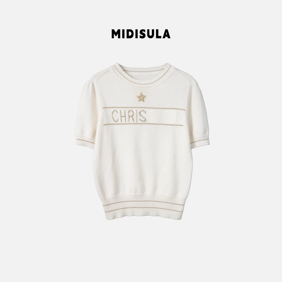 MDSL·字母刺绣针织简约线条五角星泡泡袖短袖小衫#0445