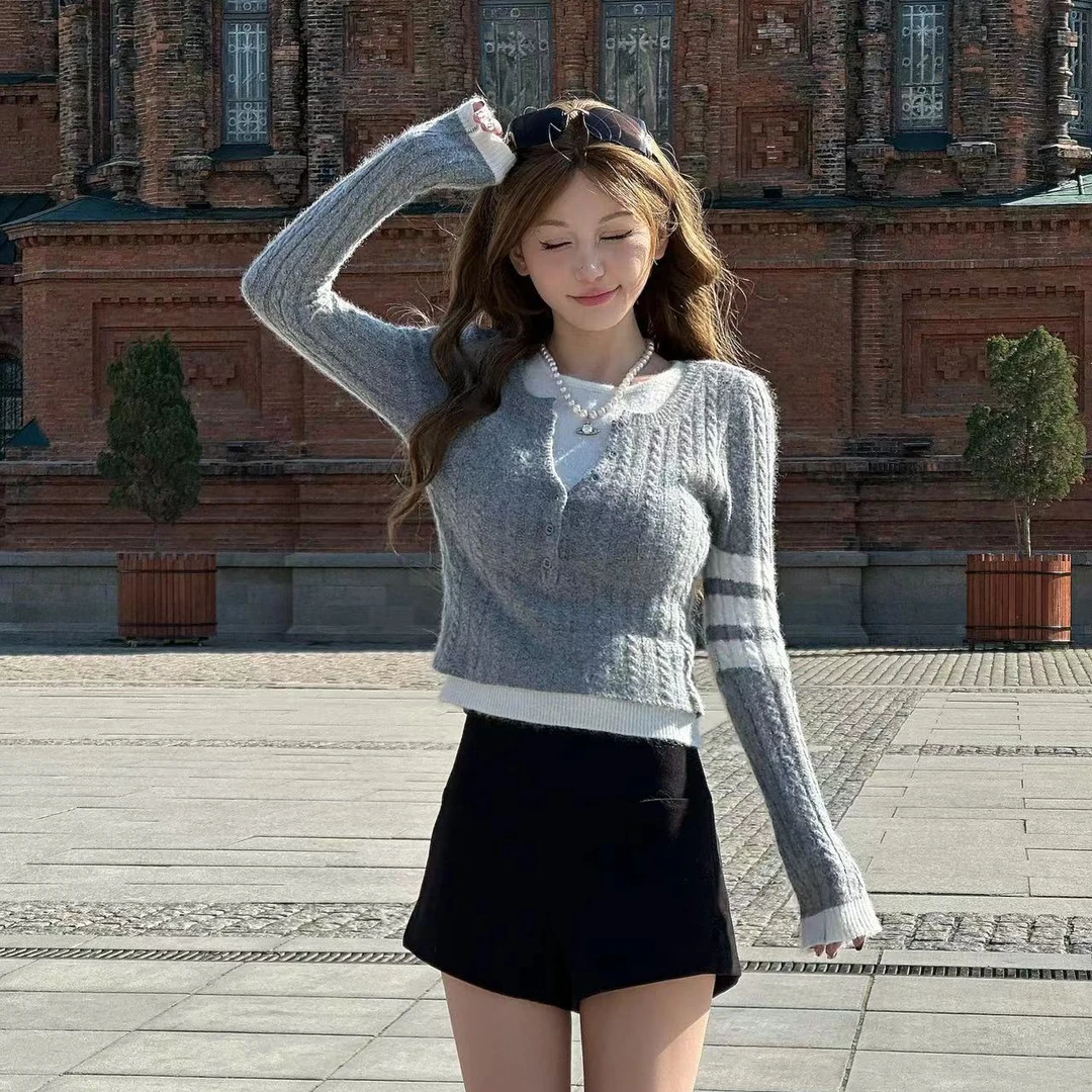 【可可推荐】秋冬新款假两件学院风氛围感针织打底S033