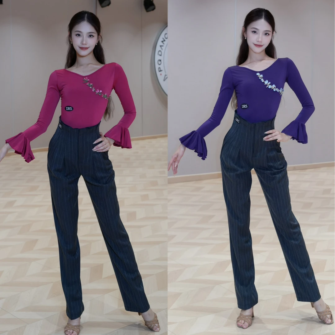 DRS秋冬新品花边喇叭长袖条纹西裤时尚拉丁摩登专业舞服修身百搭