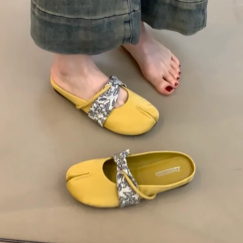 丝带包头森系低跟平底法式包头拖休闲复古机能潮鞋