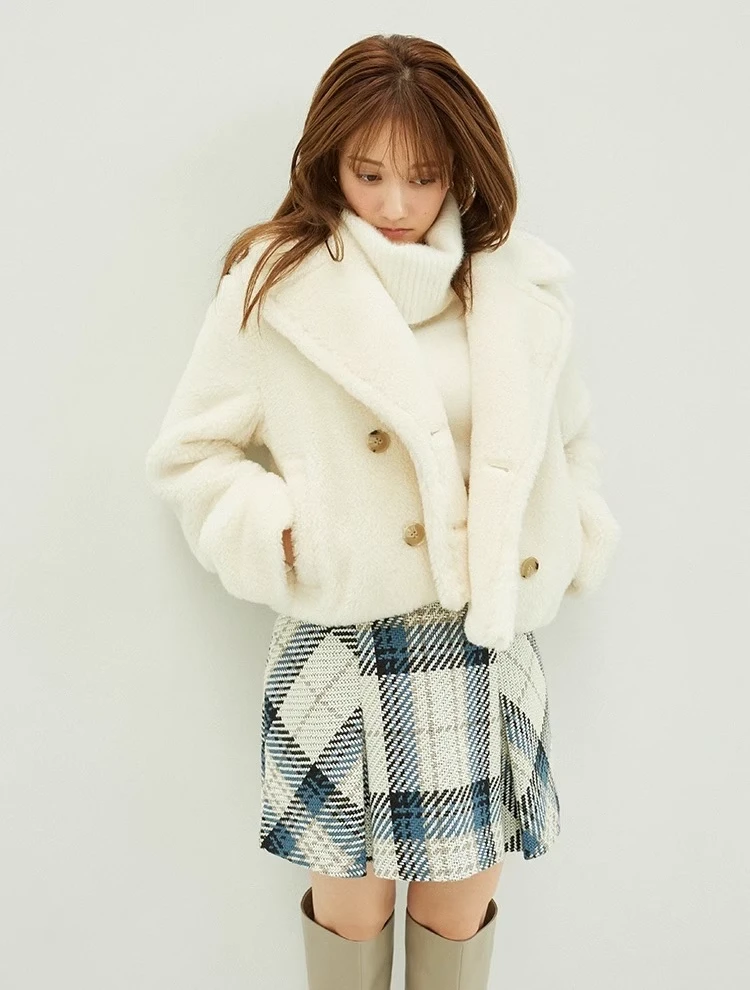 【FaFa】日系 S 秋冬纯色时髦双排扣 翻领毛绒短外套夹克F1203