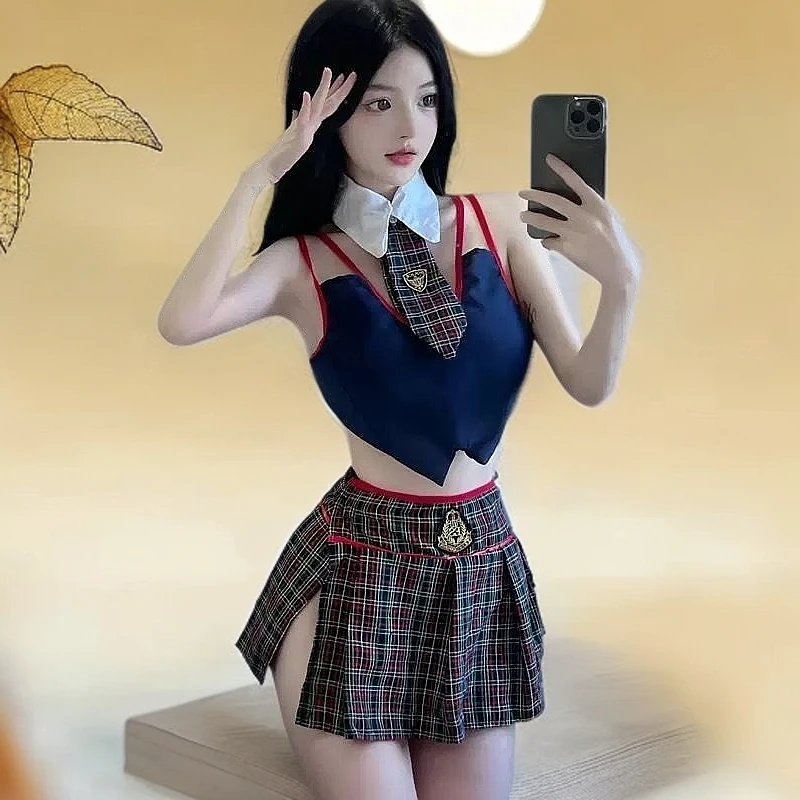 性感学院风学生装背心格子修身夏季网红短裙撞色高腰时尚百褶短裙