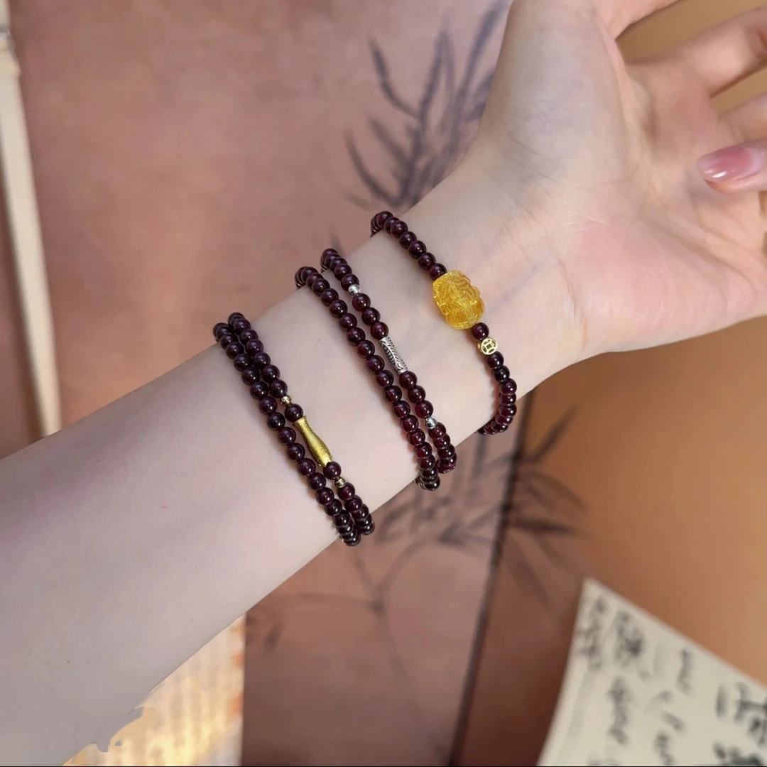 紫牙乌石榴石手链4mm新中式气质百搭复古手作国风ins单圈多层珠珠