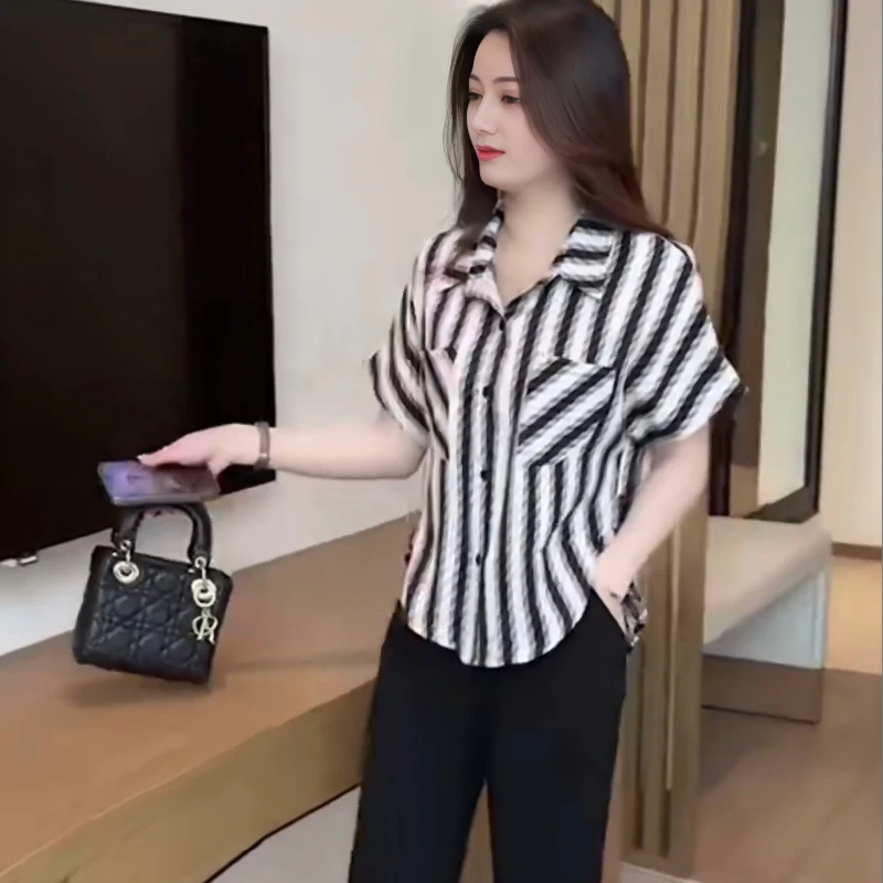 设计感短袖条纹衬衫女休闲印花上衣夏季新款时尚宽松衬衣遮肉小衫