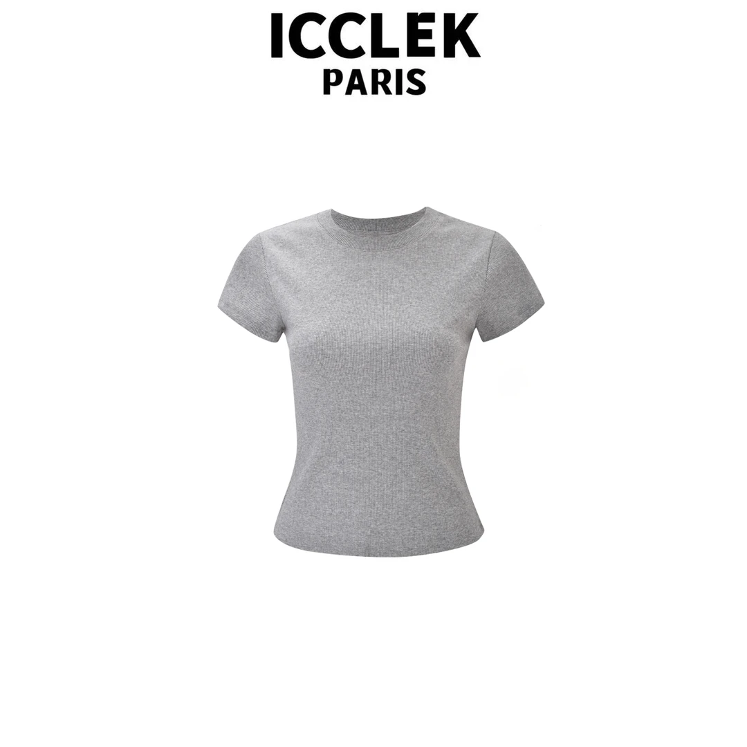 ICCLEK 灰色圆领字母刺绣针织衫夏季休闲百搭修身短袖上衣 - 5522