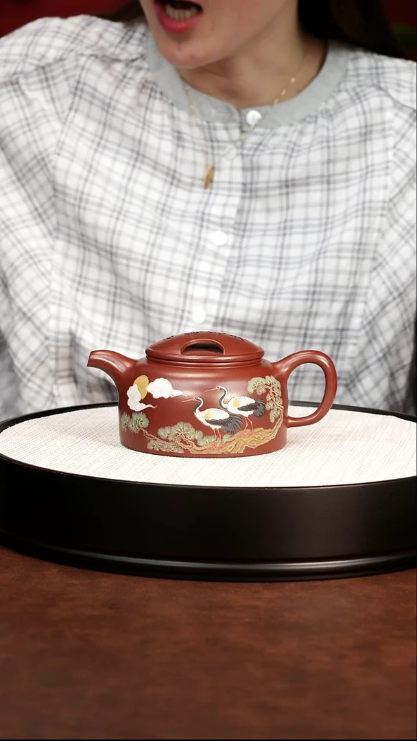 茶壶紫砂 牛盖莲子壶龙血砂 梅鹏