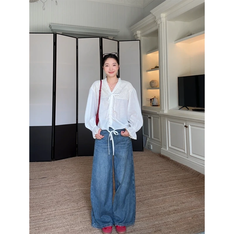 郭九九呢 醋酸蕾丝拼接花边喇叭袖衬衫简约阔腿牛仔裤 G925A13931