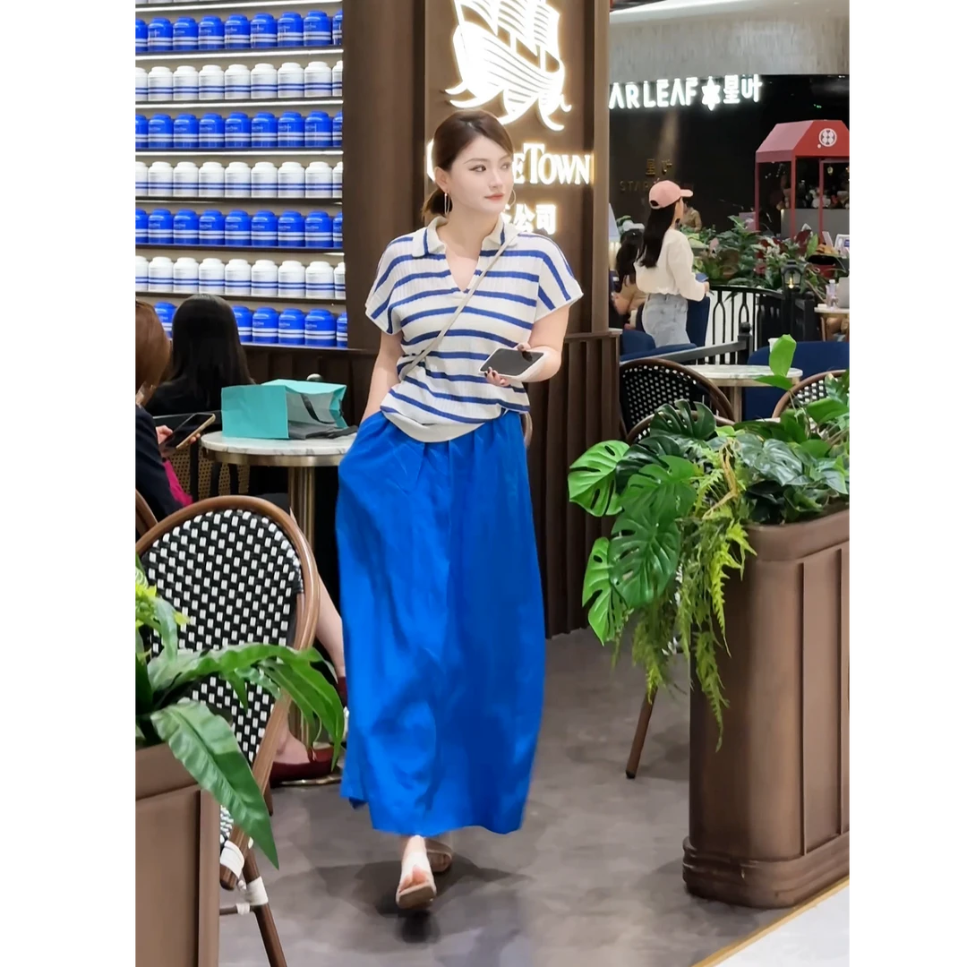 PRASE·杨杨【海风悠蓝】100亚麻微胖轻奢设计夏高腰半身裙PR505C80