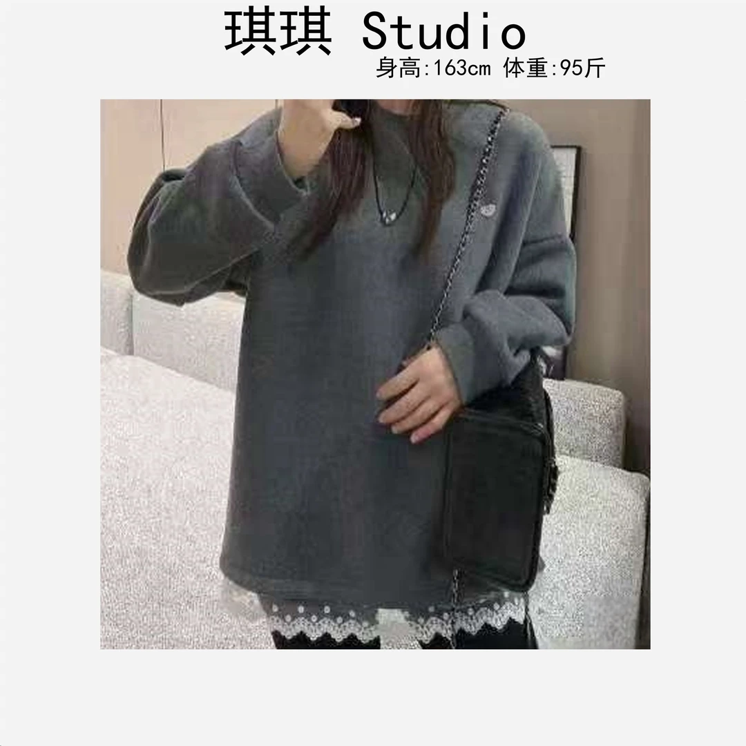 冬季新款加绒加厚下摆拼接蕾丝花边标气质时尚显瘦减龄卫衣7610-G