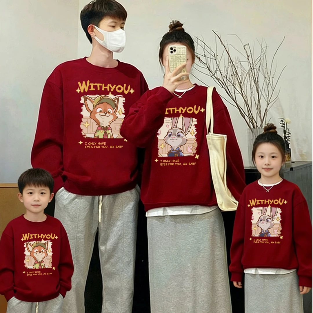 兔子和狐狸亲子装卫衣一家三四口母女款2026新款冬季红色衣服外套