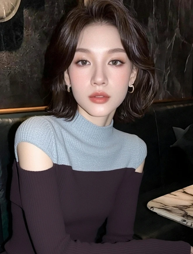 绝美巨好看早秋上衣女设计感小众气质高端掐腰咖色撞色针织打底衫