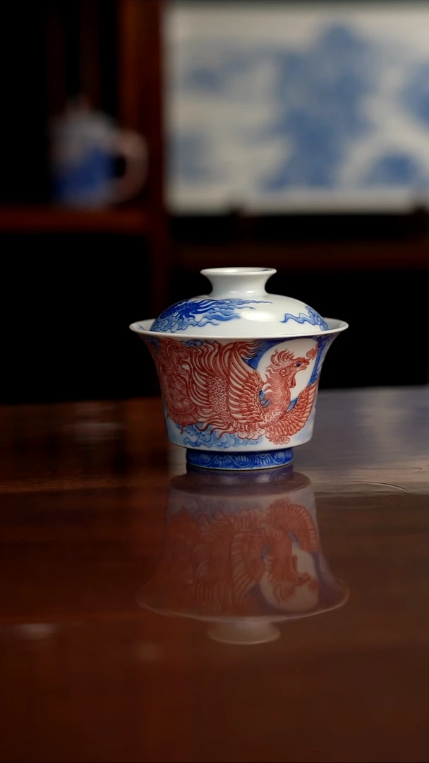 自成堂柴窑 青花釉里红 龙凤