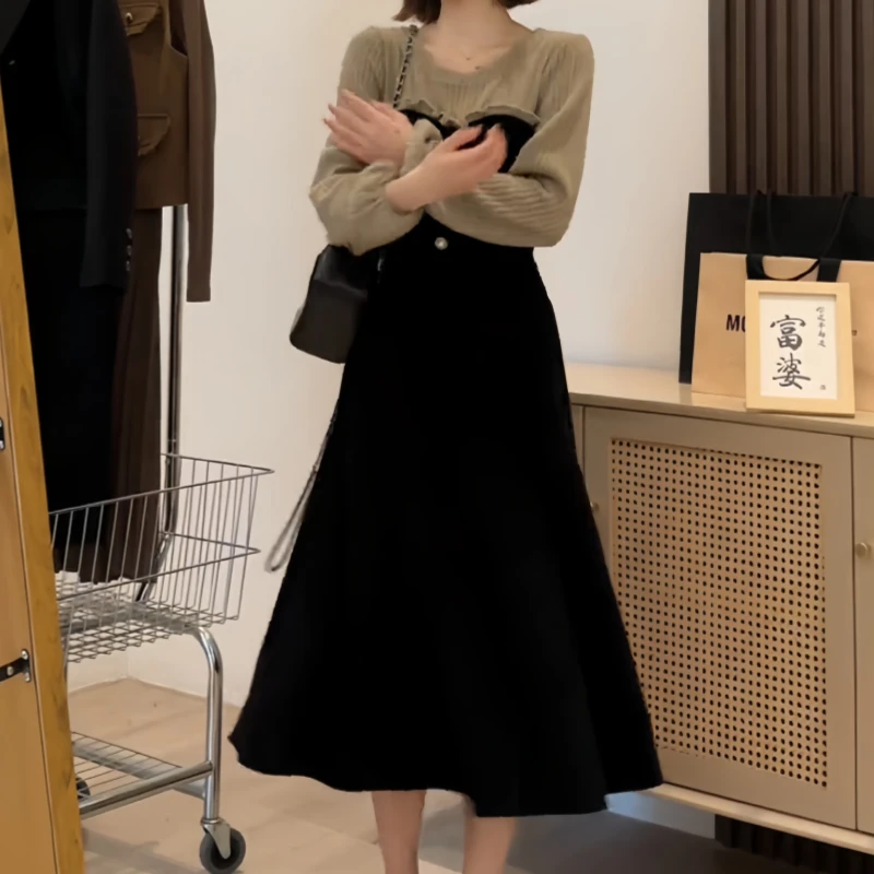 初秋时尚气质风假两件小吊带休闲长款甜美气质高腰拼接圆领连衣裙