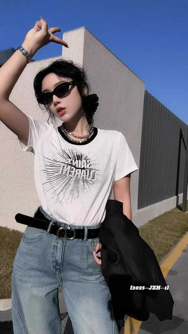 欧洲站2025棉t恤女圆领撞色短袖打底衫夏装ins潮牌