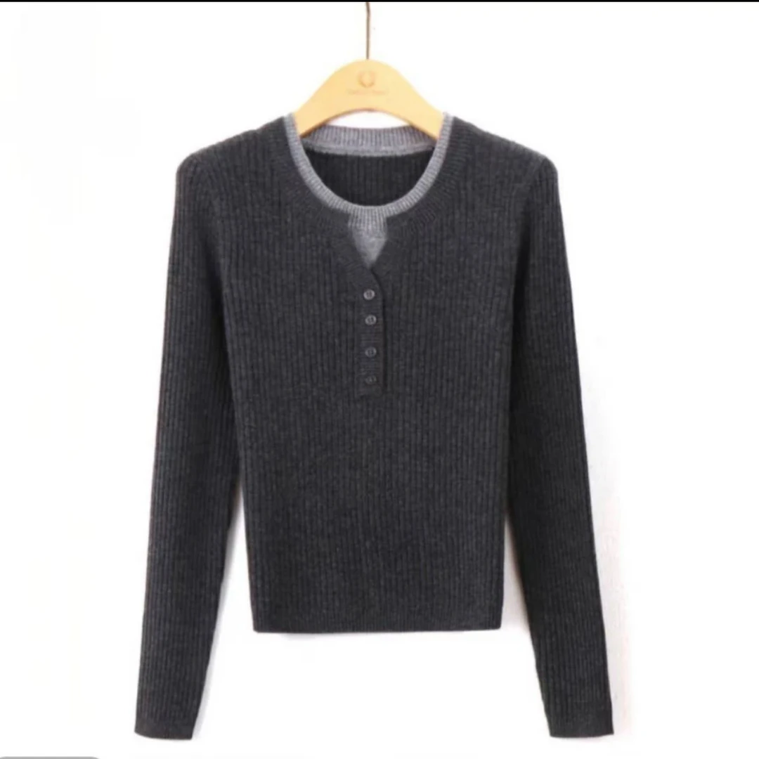 【主播推荐10】秋冬新款圆领撞色假两件套头毛衣打底针织衫