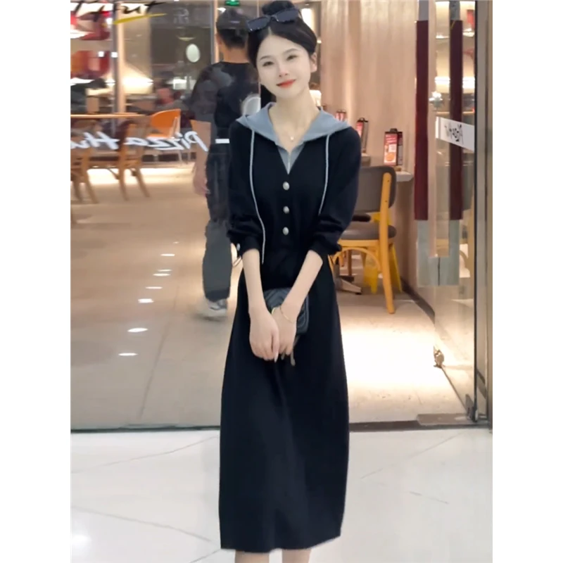 春季时尚拼接假两件休闲连帽连衣裙2025新款洋气显瘦收腰中长款