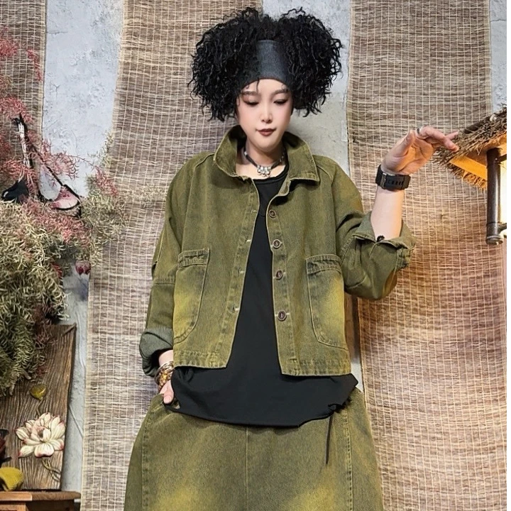 566款春季宽松休闲潮流百搭炒色做旧牛仔翻领外套【衣长55胸围125】