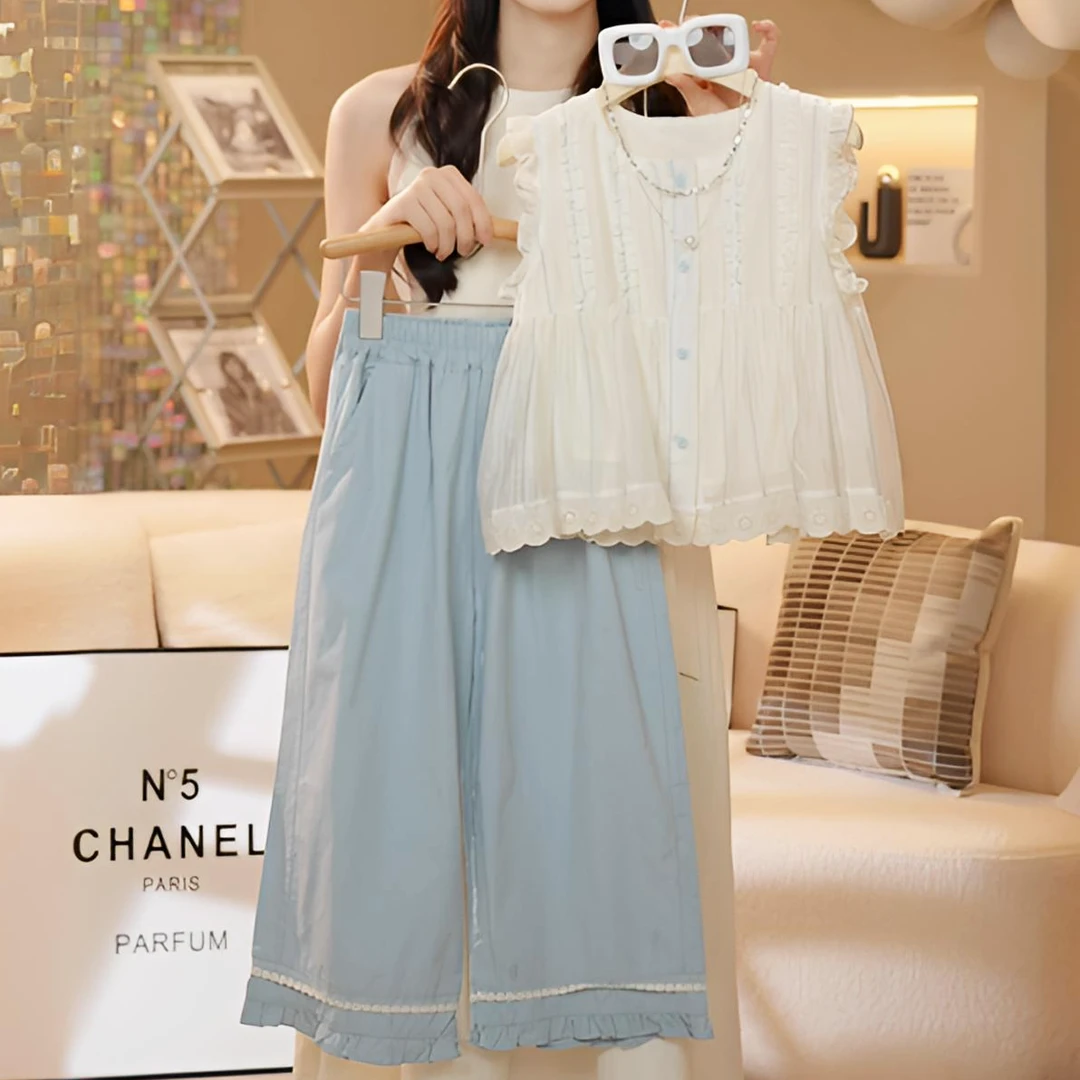 BAOTIAN/宝甜2025新款夏季套装女孩洋气儿童飞飞袖上衣+休闲裤