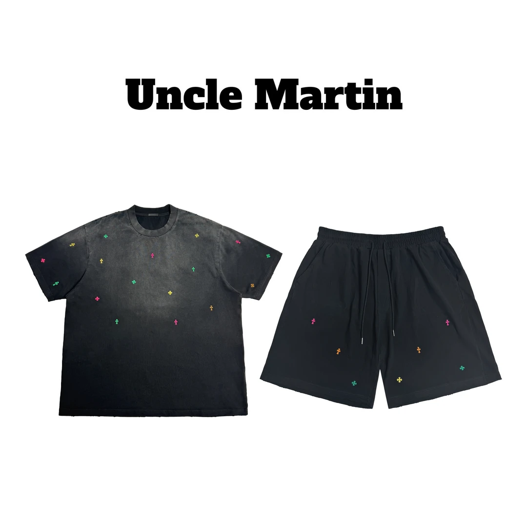 马丁叔叔 25S夏季新款套装重工水洗色小贴皮短袖短裤套装345