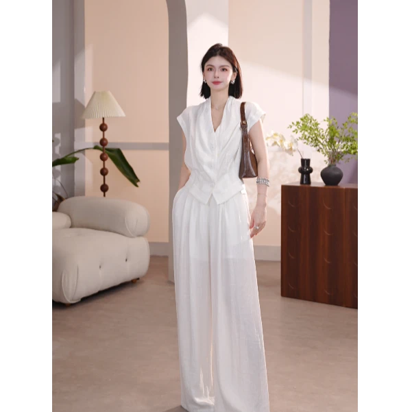 Basic House/百家好亚麻时尚套装收腰马甲夏季高腰阔腿裤两件套女