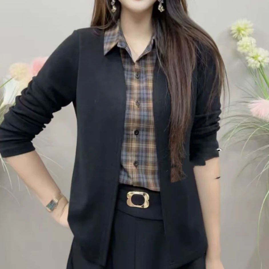 【柜柜同款】YLY8996秋季上新假两件纯色外搭经典格子内衬百搭衬衫