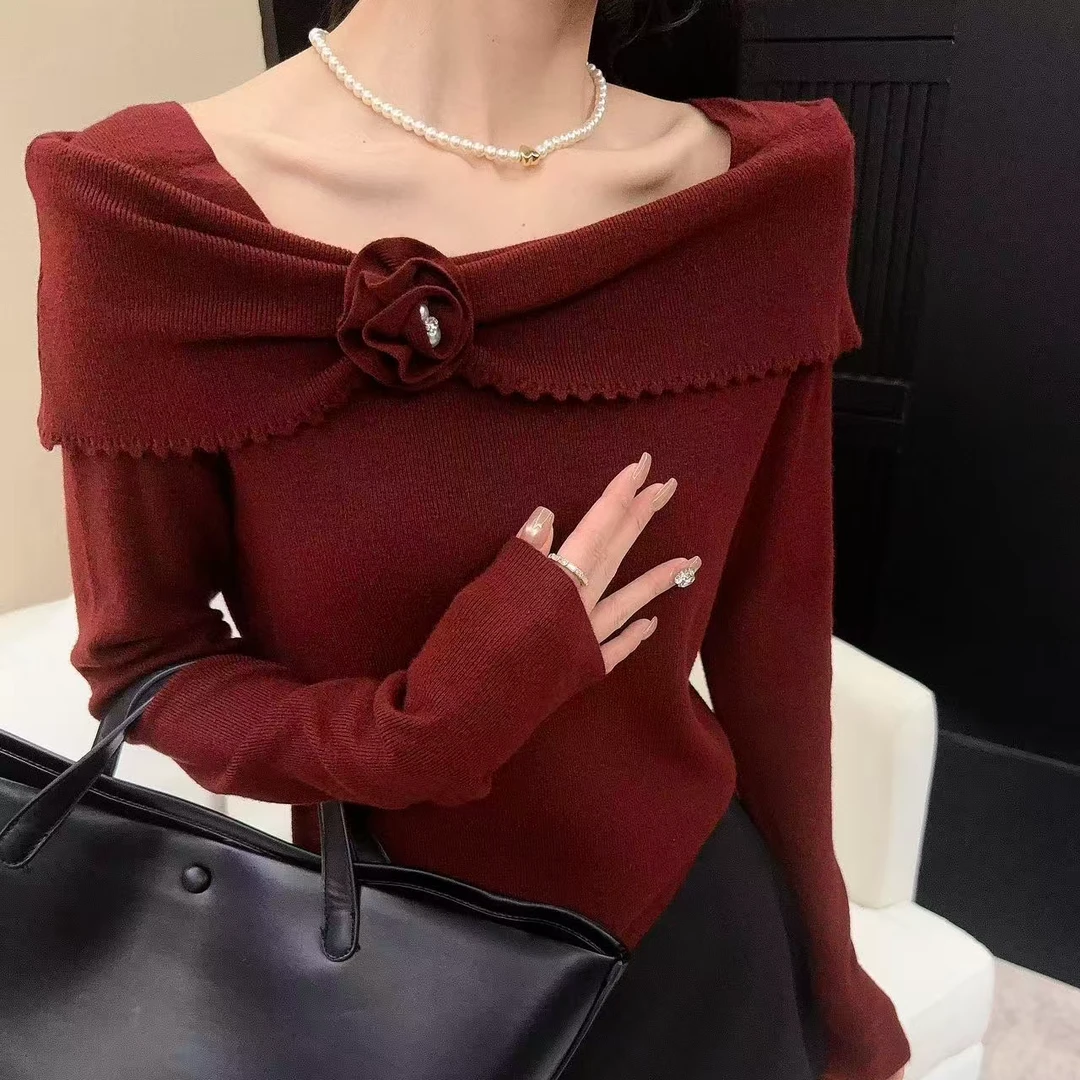 欧洲站2025早秋新款欧货女潮淑女装一字领立体花朵修身针织衫