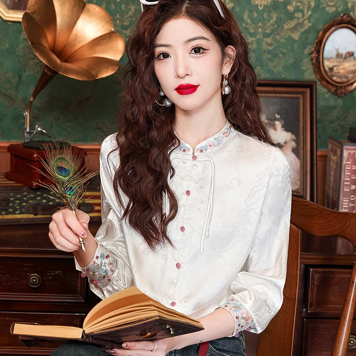 国风长袖衬衫女春装2025新款春季高端新中式刺绣配马面裙上衣