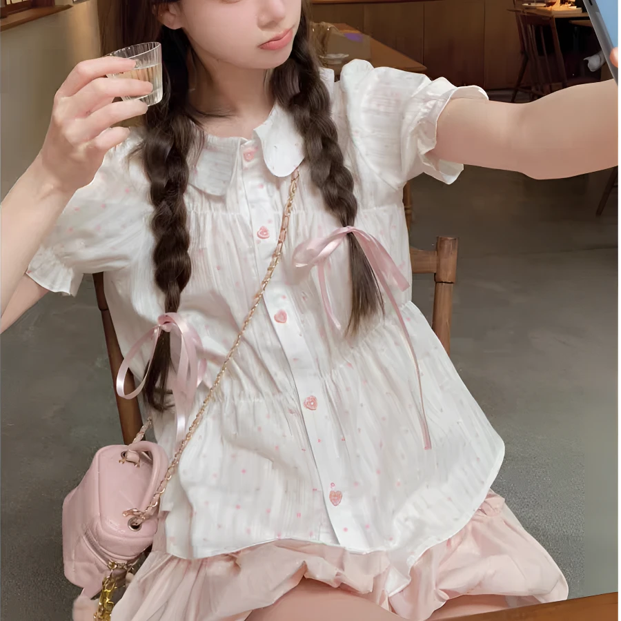 0506可爱甜妹套装新款爱心扣波点纯棉衬衫百搭夏季女粉色花苞裙