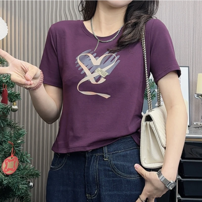丝带涂鸦正肩显瘦时尚圆领修身T恤别致休闲百搭短袖t恤女洋气设计
