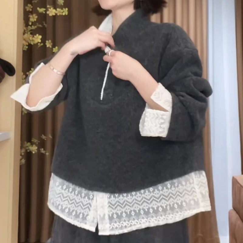 冬季新款极简百搭蕾丝拼接下摆半高领卫衣LK2508607