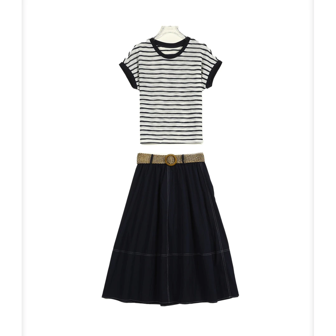 夏季2025新法式圆领针织条纹T恤腰带半身裙套装252-TZ/0507-2538