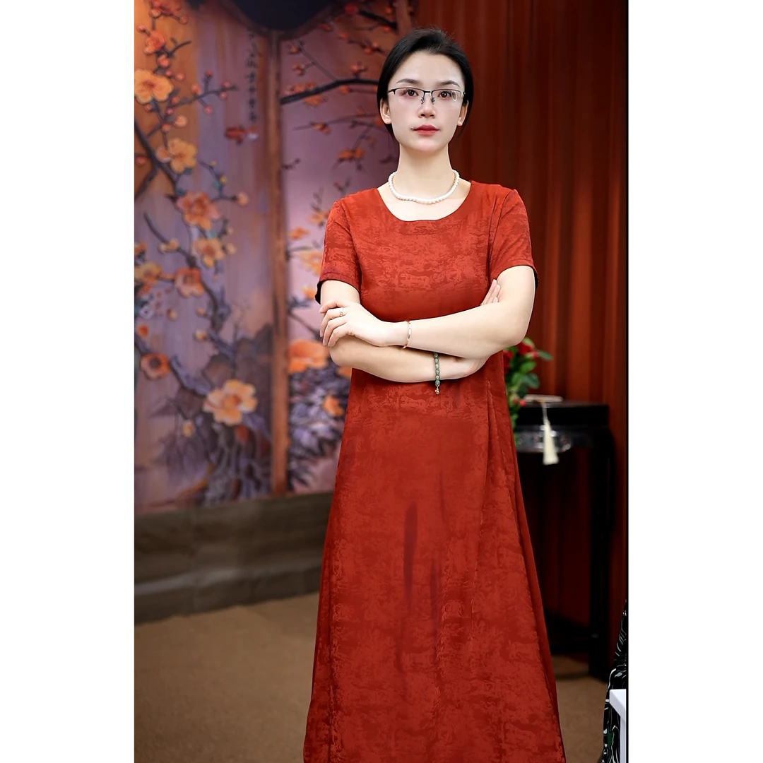 红竹林-X623宽松夏季红色修身妈妈装连衣裙圆领旗袍中式气质大码
