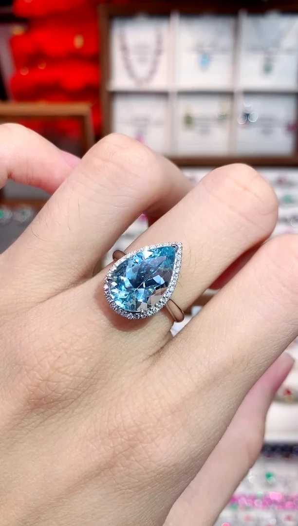 18K金镶嵌戒指海蓝宝石3.9ct/天然宝石/七天无理由