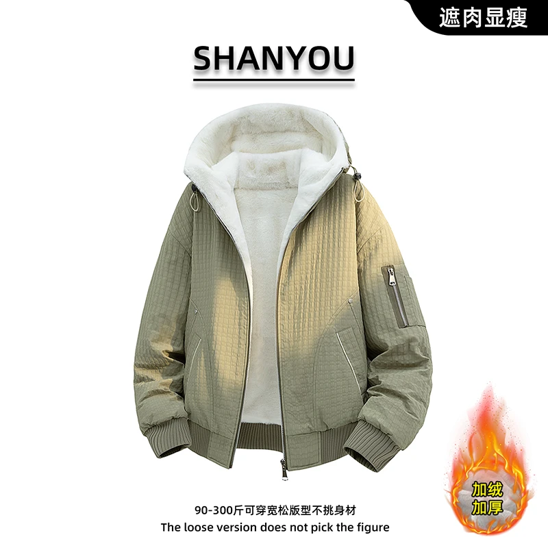 新款加绒松紧连帽棉服男士大码潮流提花防寒保暖外套运动耐磨棉衣