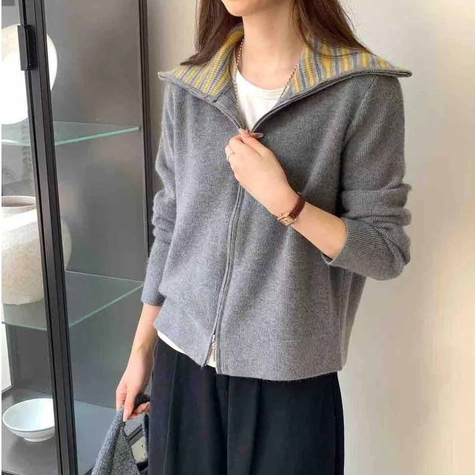 【静姐家】7915针织翻领厚款短款女毛针织衫针织衫休闲百搭显瘦