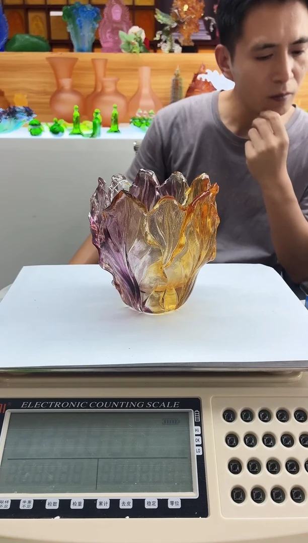 手工艺品琉璃紫黄色牡丹花灯罩17公分