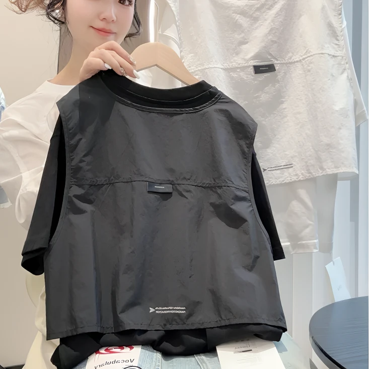 男童短袖T恤2025新款夏装中大童打底衫儿童印花假两件短袖上衣潮