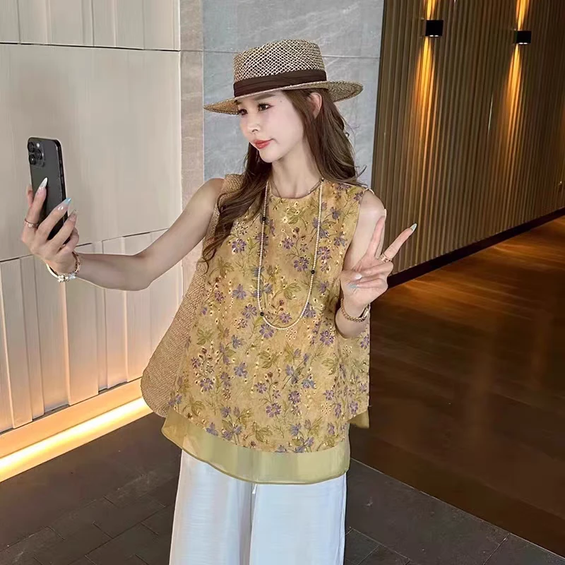 新中式国风黄色提花刺绣镂空夏季女性马甲衬衫洋气古风