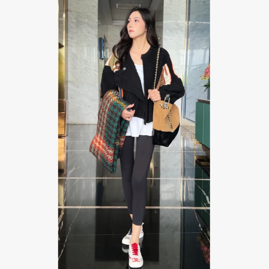 秋季新品多色拼接时尚休闲复古百搭派克高级针织外套G0389