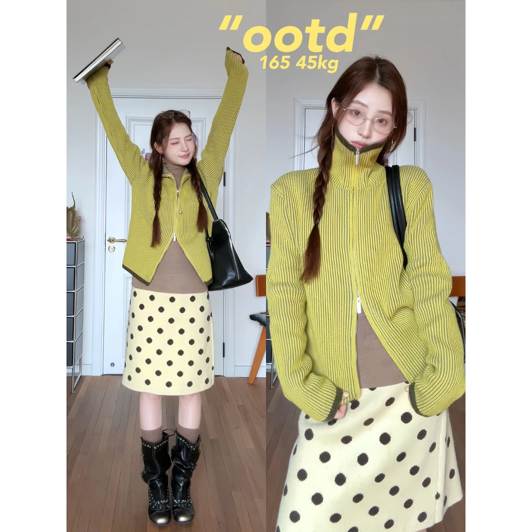 MARIE.COCO秋冬韩系多巴胺穿搭修身打底衫针织衫外套波点半身裙女