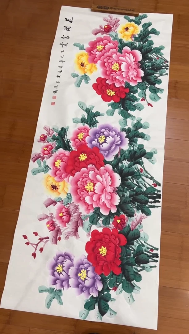 国画【直播福利，纯手工手绘】李春凤牡丹横幅180*68