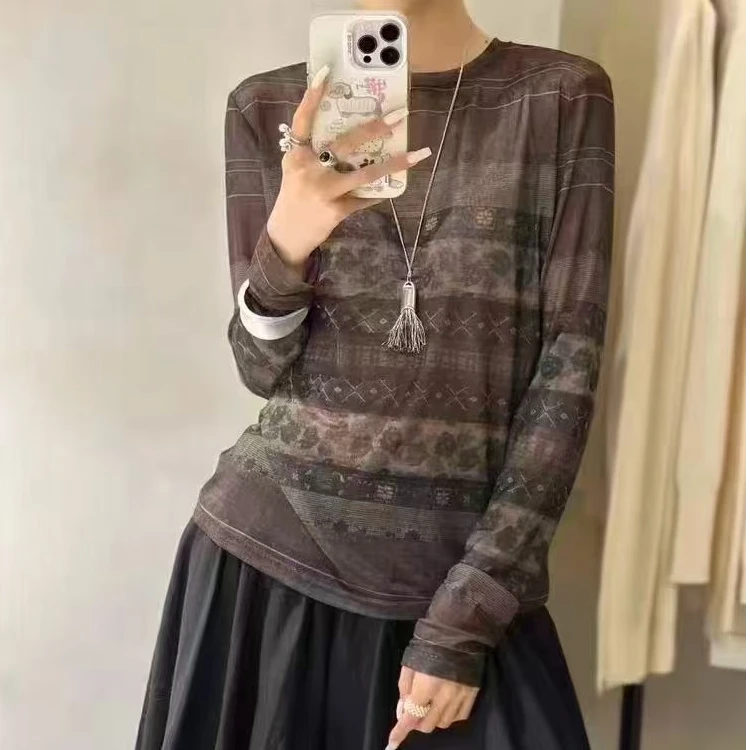 【锦衣服饰】ONM 7695欧货印花圆领长袖网纱打底衫