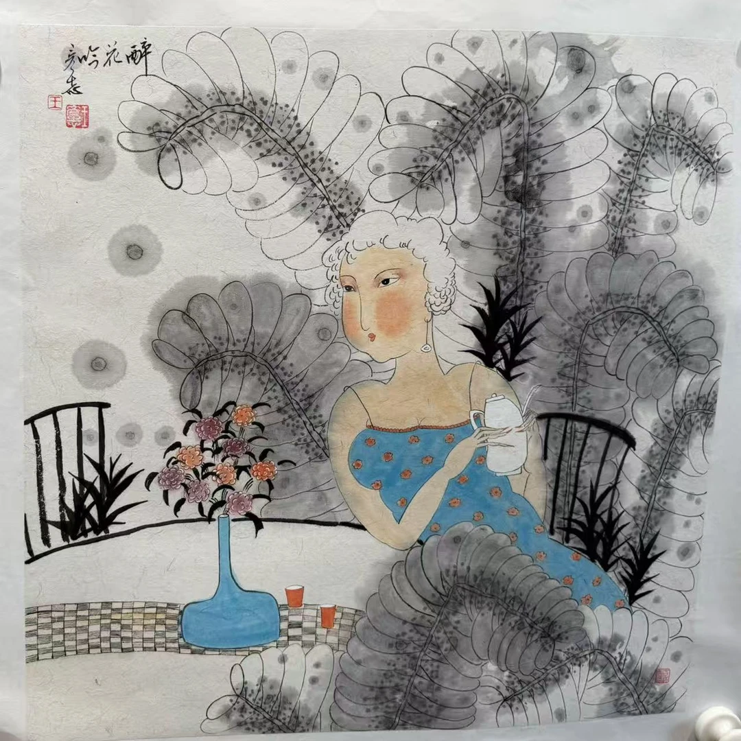 王彦志中式国画人物画白发蓝裙风情佳人图50x50