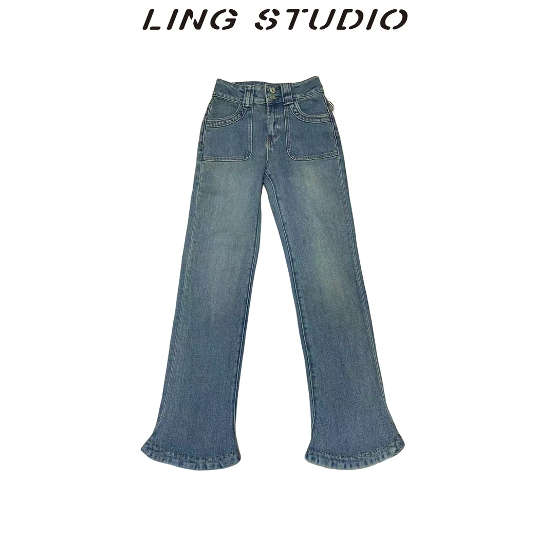 020271- 零零 『』2024显瘦时尚水洗做旧烟管微喇牛仔长裤