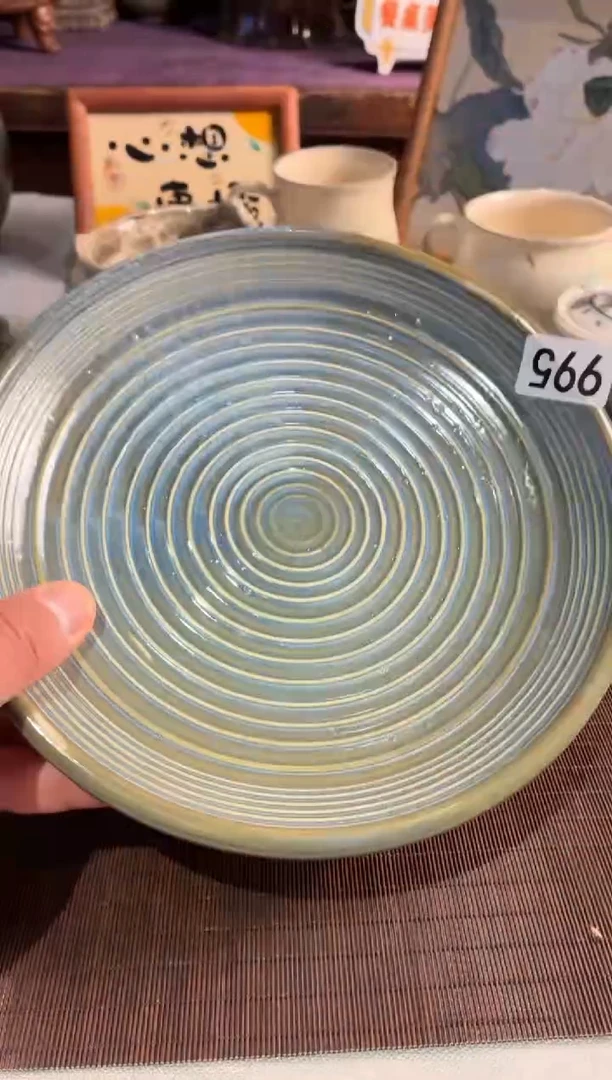 餐具@***?995 微瑕墨绿螺纹直边盘1个