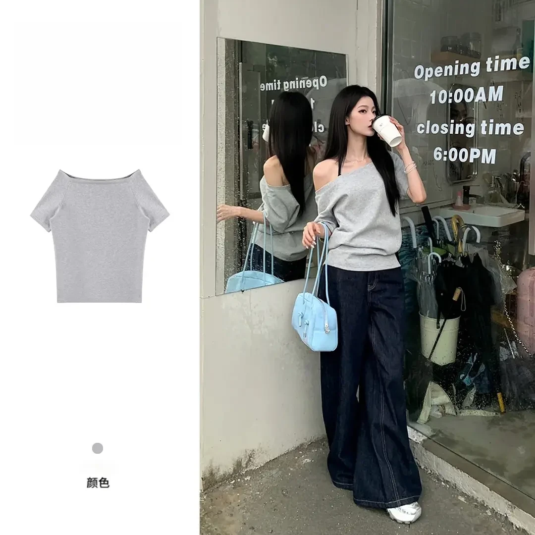 复古慵懒风设计感宽松一字肩上衣女夏季新款百搭显瘦短袖T恤小众