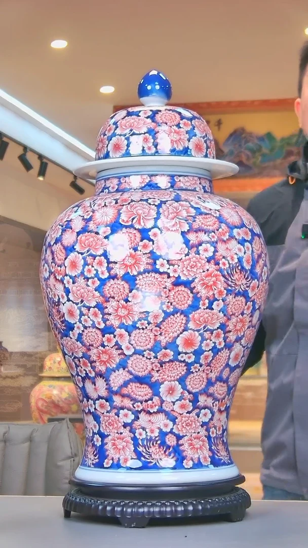 【闪购商品】摆件青花万花将军罐/景德镇陶瓷摆件