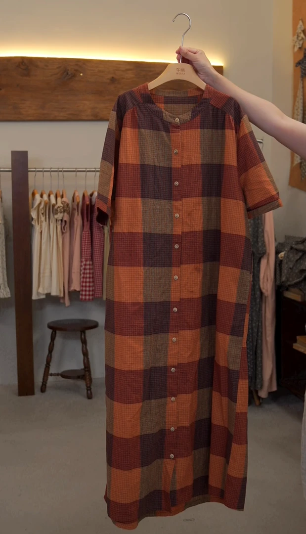 森系夏季棉麻格子亲子连衣裙8Q566